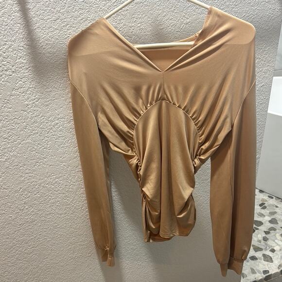 SHEIN Tan Asymmetrical Ruched Bodysuit - Picture 1 of 2
